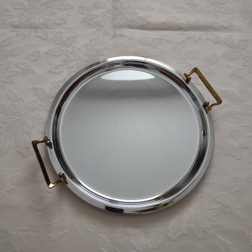 Vintage Round Polished Silvertone Tray with Goldtone Handles